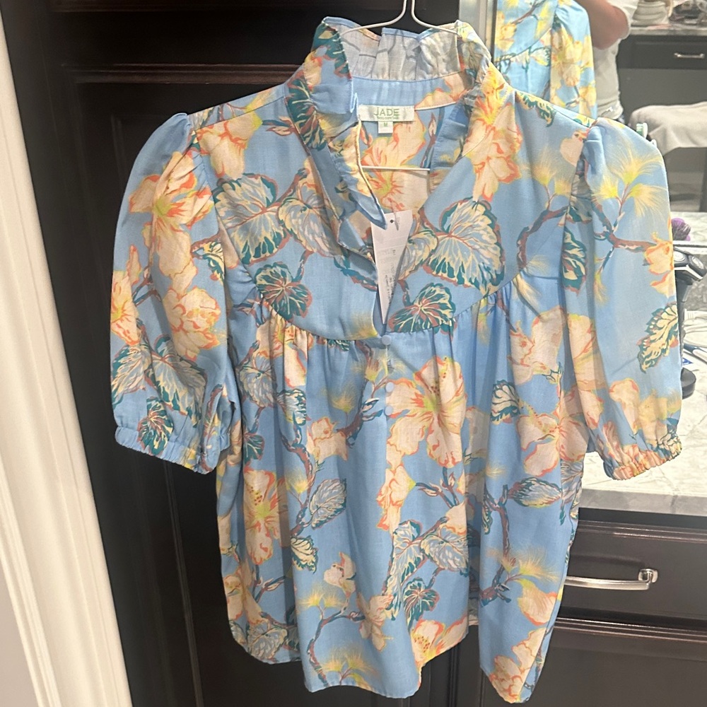 Maeve Blue Floral Puff-Sleeve Blouse